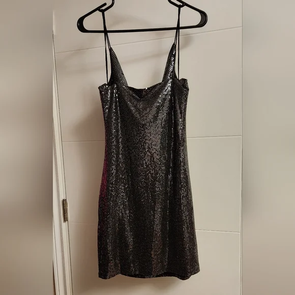 Garage Silver Sequin Mini Dress Cowl Neck Sleeveless - Picture 2 of 2